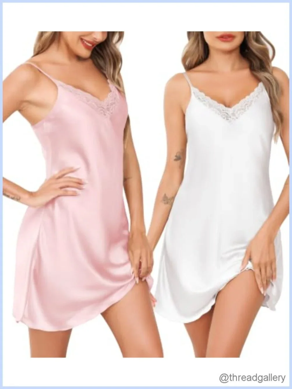 Satin Nightgown Set V Neck Lace Trim Mini Slip Sleepwear Chemise